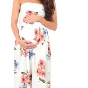 Light Beige Floral Pocket Strapless Maternity Maxi